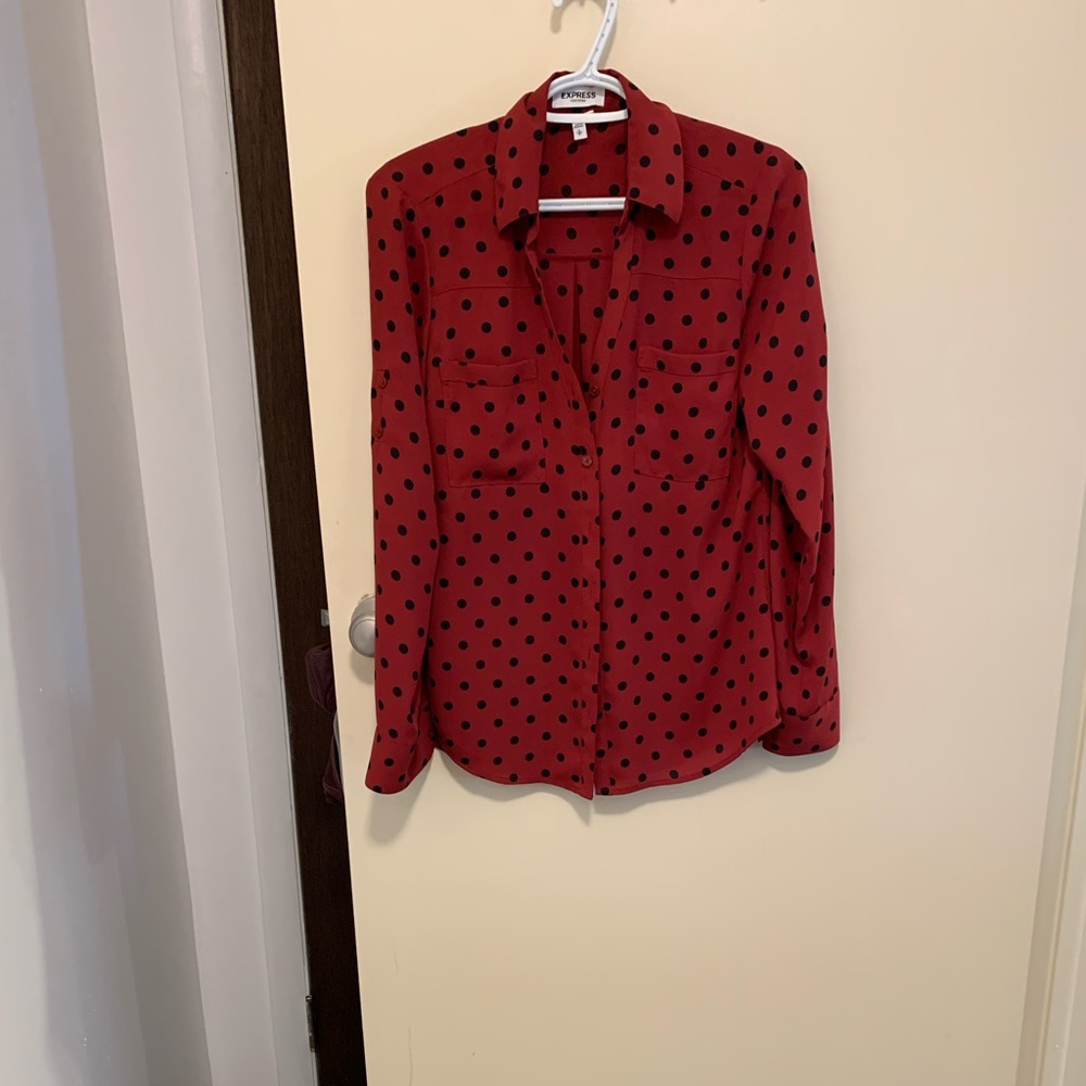 Red and black polka dot express top